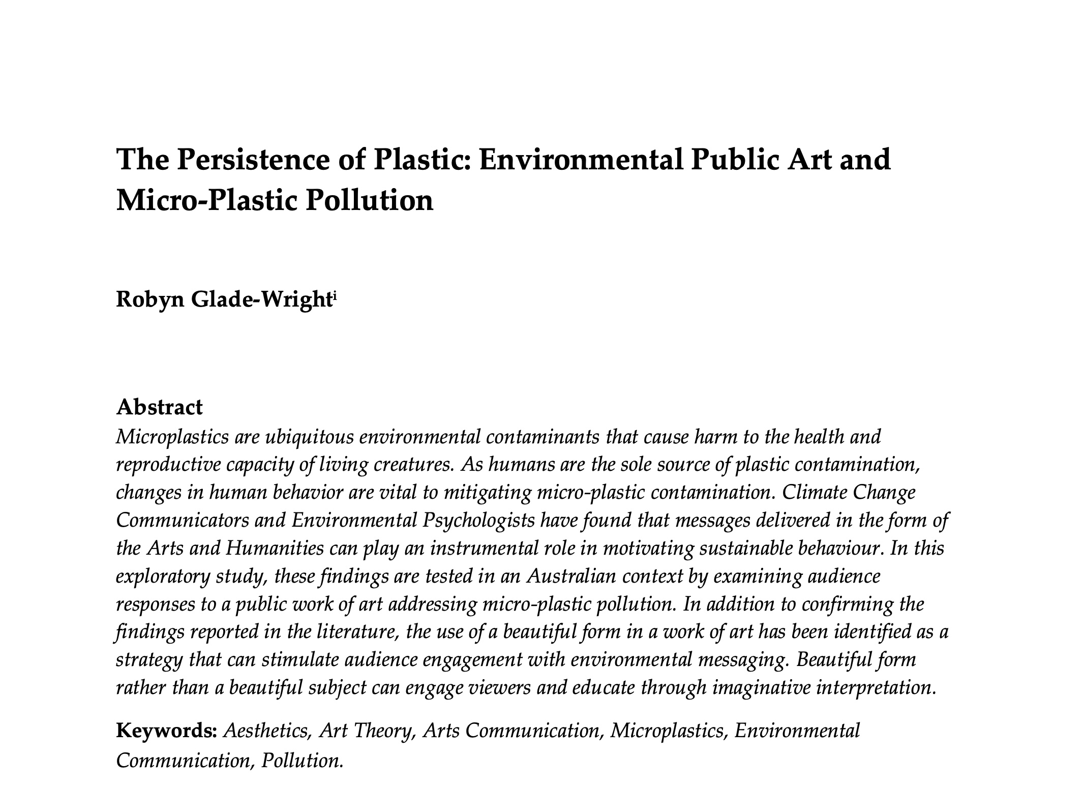The Persistence of Plastic: Environmental Public Art and Micro-Plastic Pollution